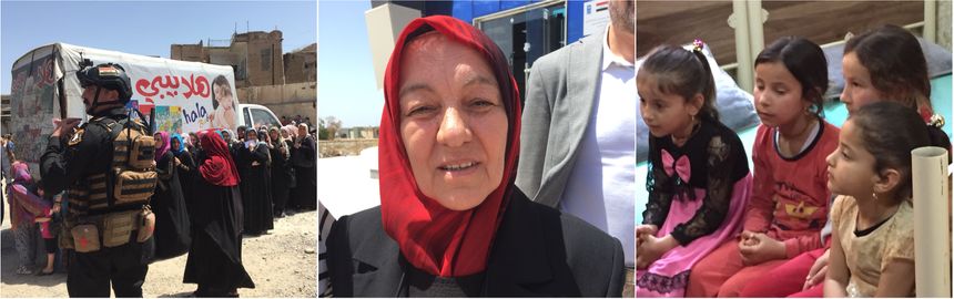 Distribution vivres par la Fondation Mérieux à Mossoul ; Dr. Ilhan am Jammas ; Orphelines yesidis rescapées de Daesh