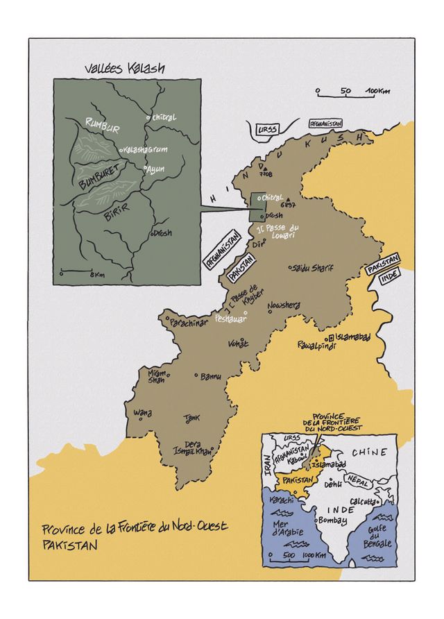 Carte extraite de "Fêtes himalayennes, les derniers Kalash", page 4. Dessins d’Hubert Maury, couleurs de Philippe Marlu.