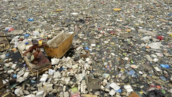 PHILIPPINES : Teresita Gapayao, 51 ans, charognarde depuis 12 ans, se promène dans les ordures à l'aide d'un radeau de fortune en polystyrène sur l'Estero de Vitas à Tondo, Manille. ©AFP - NOEL CELIS
