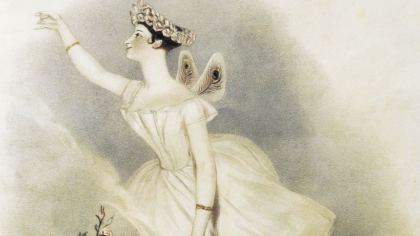 Représentation de la ballerine Marie Taglioni (1804-1884) dansant dans La Sylphide à l'Opéra de Paris, en 1832.