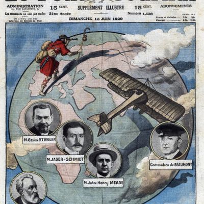 Jules Verne, Gaston Stiegler, André Jaeger-Schmidt, John Henry Mears et Louis de Beaumont, recordmen du Tour du monde, Une du Petit Journal, 13 juin 1920