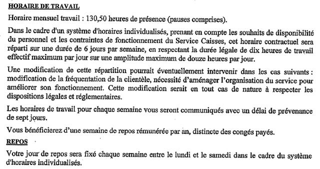 Extrait du contrat de travail de Christelle, licenciée pour "insubordination" pour avoir refusé de travailler le dimanche