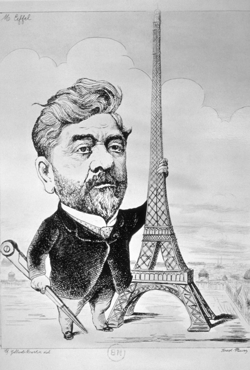 Caricature de l'ingénieur français Gustave Eiffel à côté de la tour Eiffel, à Paris, France.