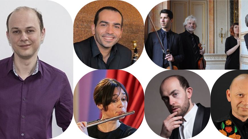 A gauche : Laurent Lefrançois / En haut : Pierre Génisson et le Quatuor Parisii / En bas : Magali Mosnier, François Dumont et Pascal Contet