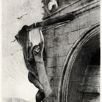 Frollo s'agrippe désespérément à une gouttière au sommet de Notre-Dame tandis que Quasimodo pleure en contemplant la pendaison de la Esmeralda (gravure d'Henri Émile Lefort d'après un dessin de François Flameng)