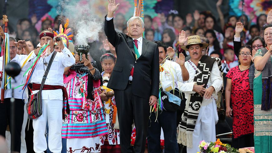 Andres Manuel Lopez Obrador, président du Mexique, pendant la 65e cérémonie d'investiture présidentielle, Zocalo, 1er Décembre 2018, à Mexico .