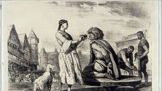 Esmeralda apporte à boire à Quasimodo alors que celui-ci est resté au pilori - Gallica - Bibliothèque nationale de France