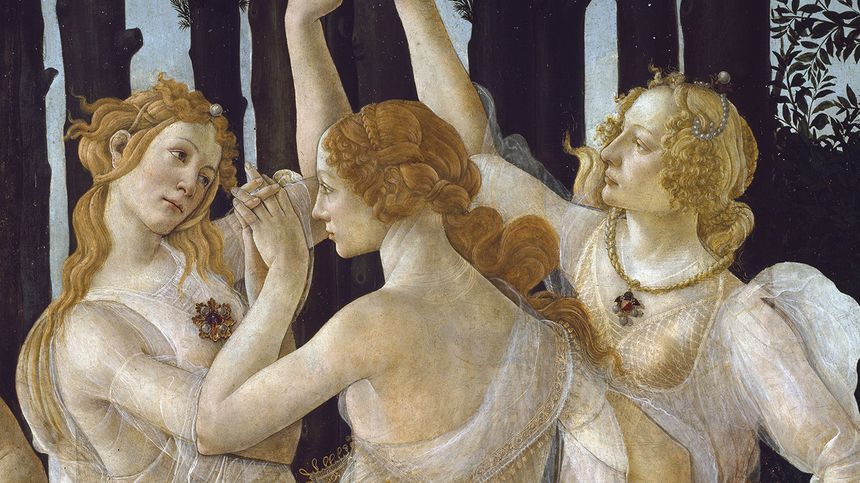 Le printemps (La Primavera). Détail représentant les trois Grâces. Peinture de Sandro Botticelli, 1475. Musée des Offices de Florence.