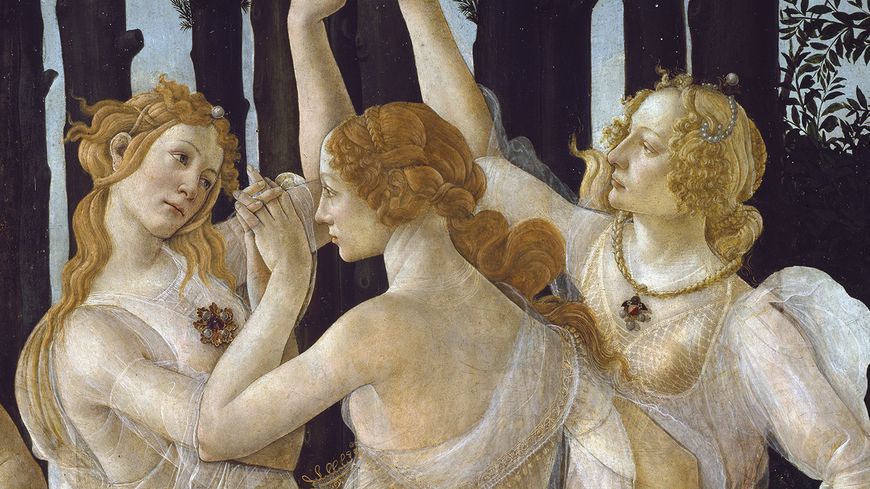 Le printemps (La Primavera). Détail représentant les trois Grâces. Peinture de Sandro Botticelli, 1475. Musée des Offices de Florence.