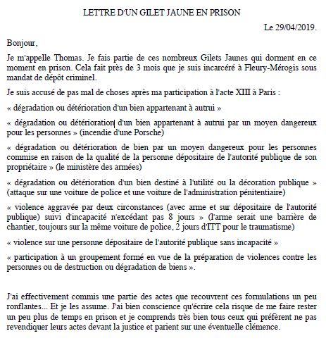 Extrait de la lettre écrite en prison par Thomas P., authentifiée et diffusée par son avocat