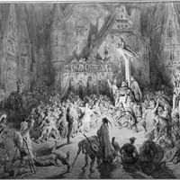 Clopin Trouillefou trônant au milieu de la cour des Miracles. Illustration de Gustave Doré.