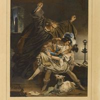 Frollo s'apprêtant à poignarder Phœbus. Lithographie de Nicolas-Eustache Maurin, maison de Victor Hugo, 1834.