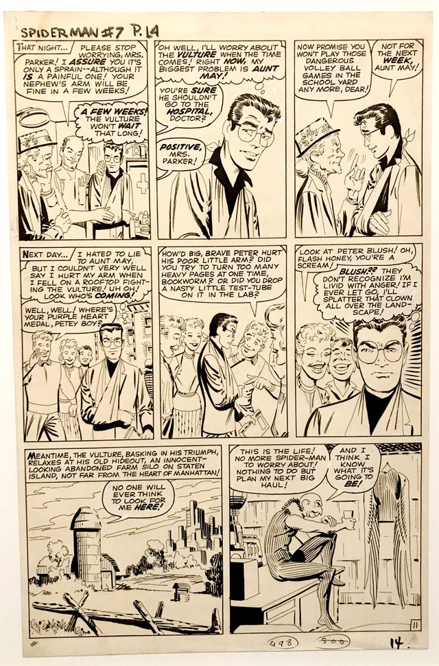 Planche de "Spiderman" (1962), premier héros de comics adolescent de Stan Lee, et Kirby puis Steve Dikto présentée dans l'exposition Kirby à Strasbourg