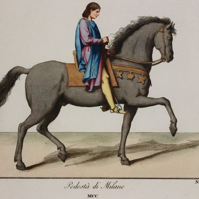 13è siècle : Oldrado da Tresseno, podesta de Milan, représenté à cheval (d'après la sculpture de la façade du Palazzo della Ragione à Milan), image extraite de l'ouvrage "Historical Costumes from the 12-15th Centuries", Camillo Bonnard, Vol. 2, 1835