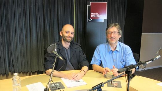 France Musique, studio 131... Le compositeur Florent Caron-Darras & Arnaud Merlin, producteur de l'emission (g. à d.) ©Radio France - Annick Haumier / RF
