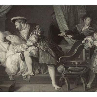 Mort de Léonard de Vinci (estampe). Peint par Ingres; Gravé par Richomme; terminé par Claude Marie François Dien.