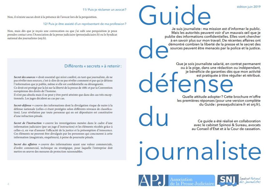 Le guide de défense est disponible sur le site de l'APJ et du SNJ.