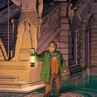 Détail de la couverture da la bande dessinée "Le dernier pharaon", une aventure de Blake et Mortimer d'après les personnages d'Edgar P Jacobs signée Schuiten, Van Domael, Gunzig et Durieux