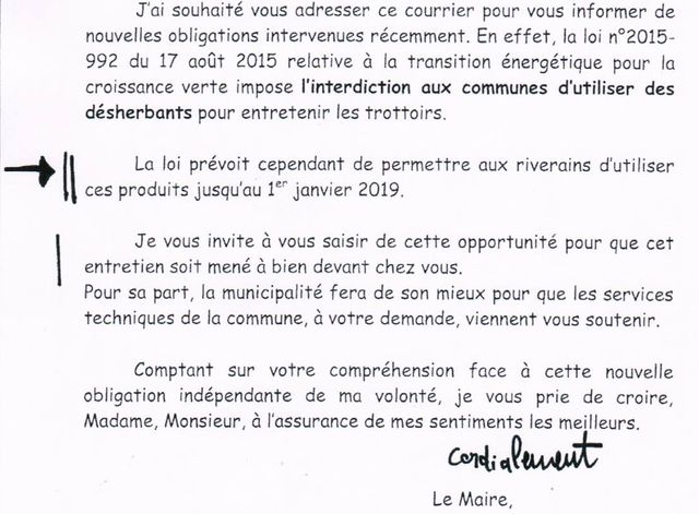 Le courrier adressé par le maire de Richelieu à ses administrés, en octobre 2017.