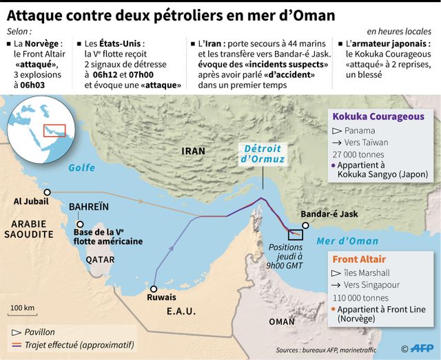 La zone de l'attaque des deux tankers, le 13 juin 2019