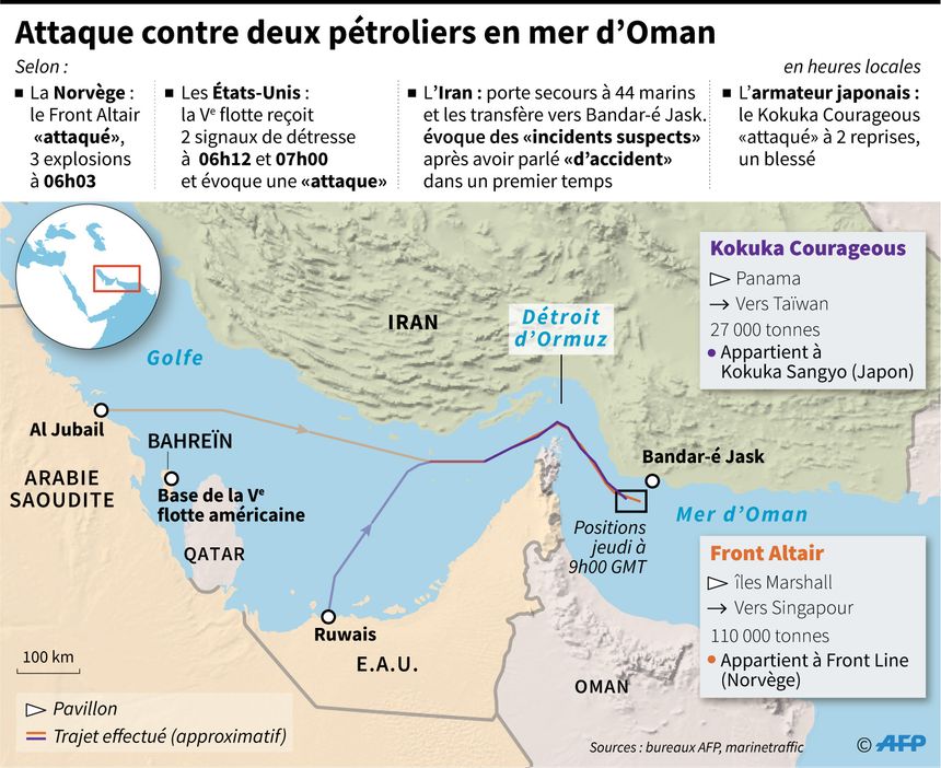La zone de l'attaque des deux tankers, le 13 juin 2019