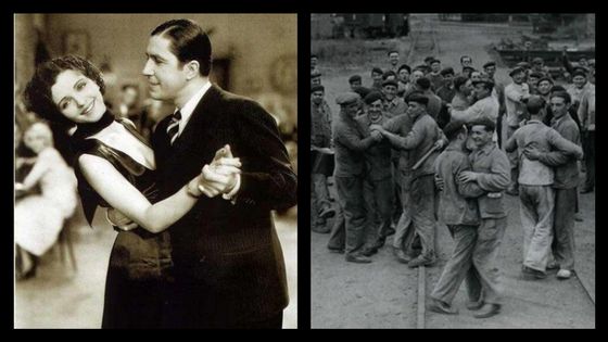 Gardel avec Mona Maris dans le film Cuesta Abajo et des ouvriers dansant le Tango