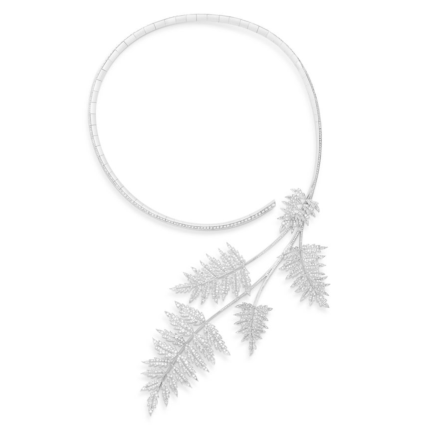 Collier Point d'interrogation Fougère, pavé de diamants sur or blanc, collection HJ Nature Triomphante