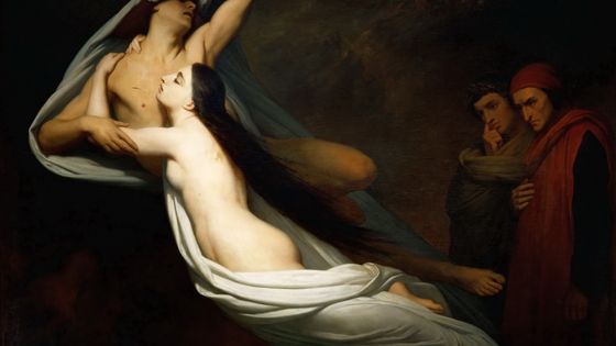 Les ombres de Francesca da Rimini et de Paolo Malatesta apparaissent à Dante et à Virgile (peinture d'Ary Scheffer° - Wikipedia.org