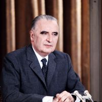Portrait du président Georges Pompidou lors d'une conférence de presse à l'Elysée le 21 janvier 1970 .