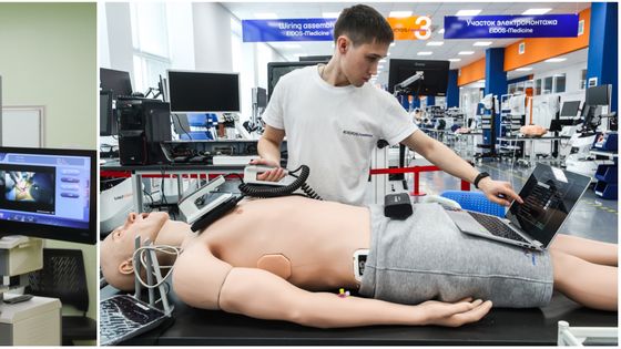 2019 : Opération pour traiter 1 malformation thoracique, retransmise en direct, via le réseau 5G, Second People's Hospital, Guangzhou, Chine/Test à EIDOS Medicine, fabricant de simulateurs médicaux de haute technologie & robotiques, Kazan, Russie ©Getty - Photo de China News Service / VCG / photo de Yegor Aleyev \ TASS via Getty Image