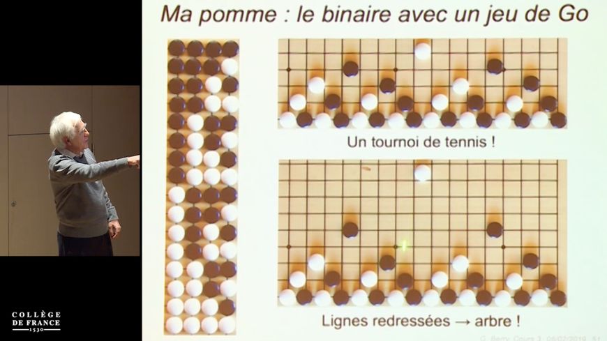 Initier au calcul binaire avec un jeu de go et ce que révèle le plateau de jeu, capture d'écran, support extrait de la série "Où va l'informatique?" de G. Berry, en 2019