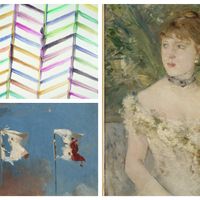 B.Frize, "Rassemblement" © A. Morin © B Frize/Adagp ; L. Cogniet, "Les Drapeaux" © musée des Beaux-Arts/Ville d’Orléans; B. Morisot, "Jeune femme en toilette de bal" © RMN / H. Lewandowski