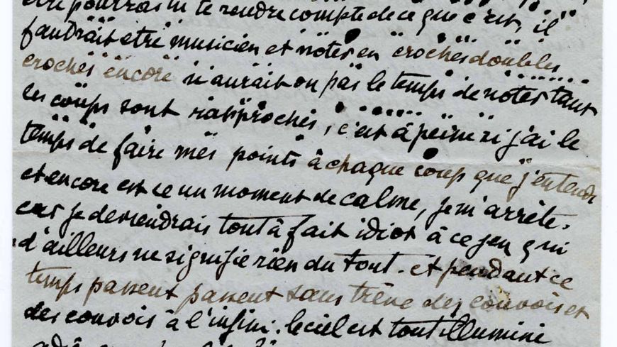Victor Tardieu, Lettre à son fils Jean Tardieu, sur laquelle il essaie de noter les coups de canon qu’il entend au moment où il écrit et la proximité de l’éclat des obus, sous la forme de points plus ou moins gros entre les lignes, 5 juillet 1916