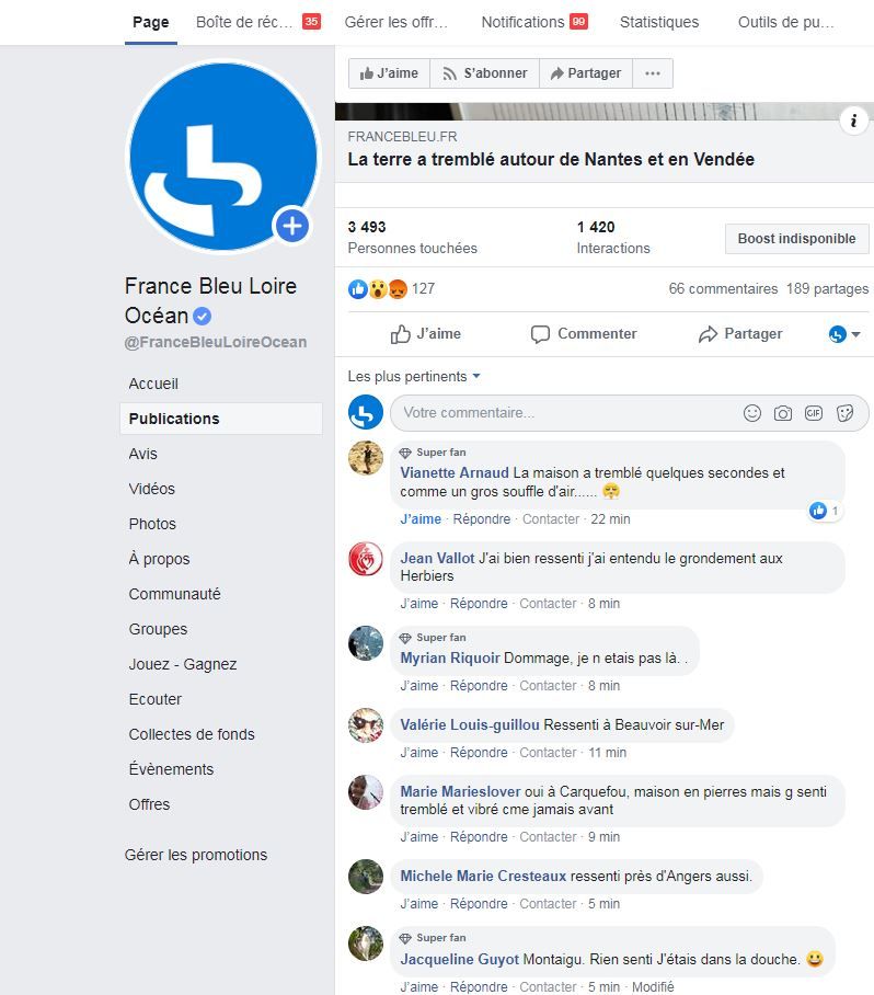 La page Facebook de France Bleu Loire Océan regorge de témoignages après le tremblement de terre de vendredi matin