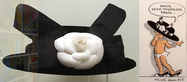Chapeau Chanel par Karl Lagerfeld et détail d'une planche des Triplés de Nicole Lambert dans l'exposition Mode et BD à Angoulême
