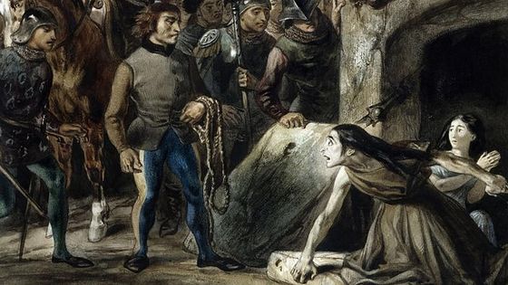 Sœur Gudule tente de protéger la Esmeralda en implorant la pitié de Tristan L'Hermite. Aquarelle de Louis Boulanger, maison de Victor Hugo, vers 1831. - Louis Boulanger - Wiki Commons via Wikipedia