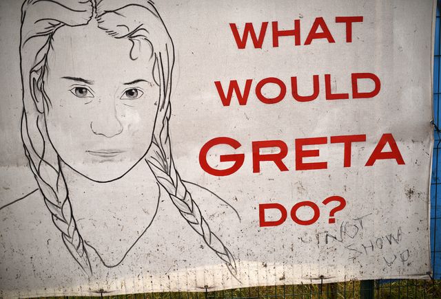 Un poster représentant Greta Thunberg au Glastonbury Festival, en Angleterre, le 26 juin 2019