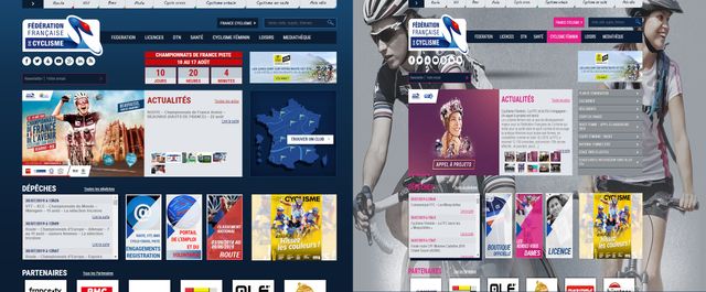 Capture d'écran du site de la Fédération française de cyclisme, comparaison de la page d'accueil et de l'onglet "cyclisme féminin"