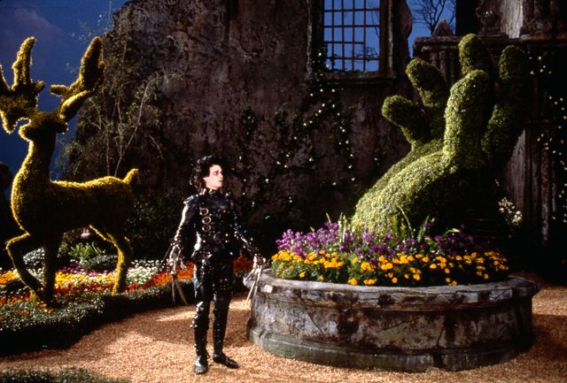 Johnny Depp, sur le tournage d'Edward aux mains d'argent, son premier grand rôle au cinéma, que lui a donné Tim Burton (Edward Scissorhands, 1991.