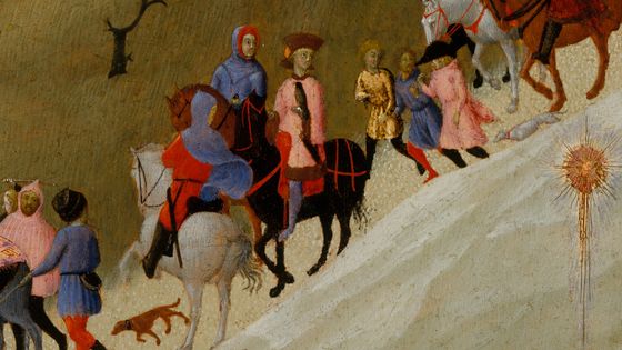 Stefano di Giovanni Sassetta, "Il viaggio dei magi" (détail), vers 1434, tempera et or sur bois, 21.6 x 29.8 cm, Metropolitan Museum of Art (New York, Etats-Unis) - Wikimedia Commons