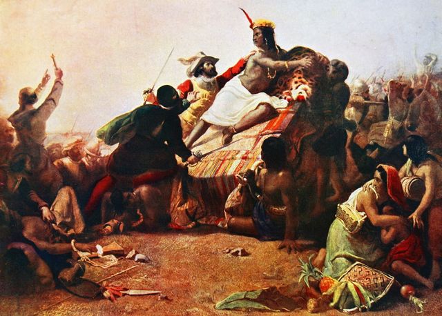 L'empereur Inca Atahualpa attaqué et capturé par les conquistadors espagnols menés par Francisco Pizarro, 1532