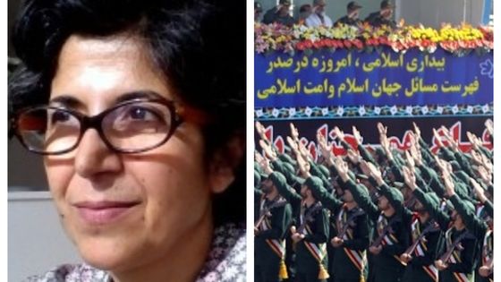 A gauche, Fariba Adelkhan - à droite, des gardiens de la révolution devant le portrait de l'ayatollah Khomenei ©AFP