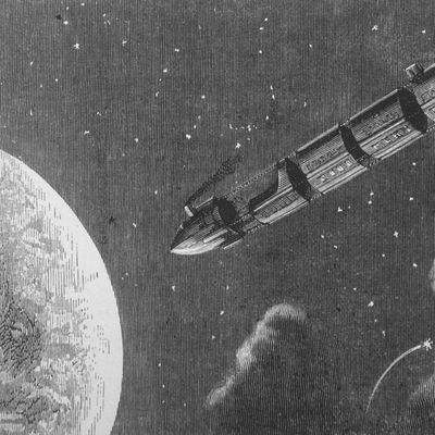 Le train projectile imaginé par Jules Verne en approche de la Lune