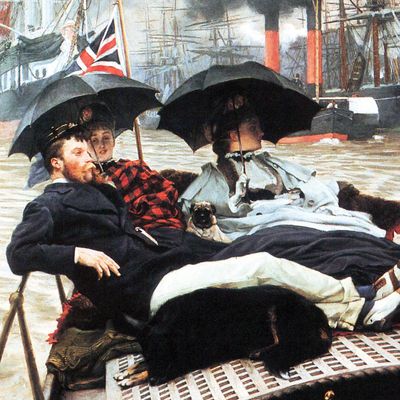 Two women and a man relax under blankets on a boat sporting a Union Jack as they float down past London docks on the Thames with large vessels surrounding them, 1865 (détail)