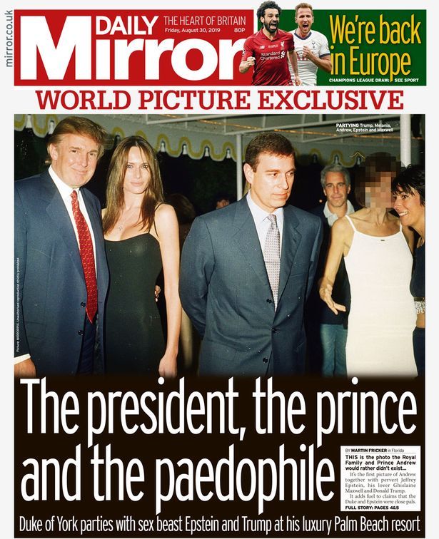 Une du Daily Mirror du 30 août avec la première photo regroupant Andrew, trump, Epstein et Maxwell