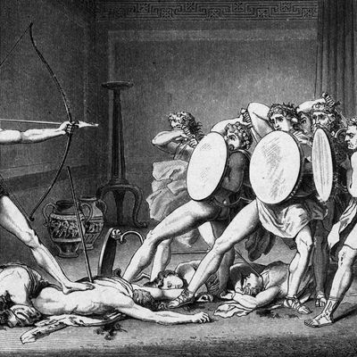 Gravure illustrant le retour d'Ulysse à Ithaque, où il tue les prétendants de Pénélope un par un...