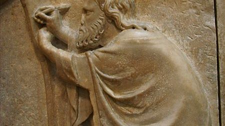 Formella 18, apelle o la pittura, Nino Pisano, 1334-1336 (détail) - Wikicommons
