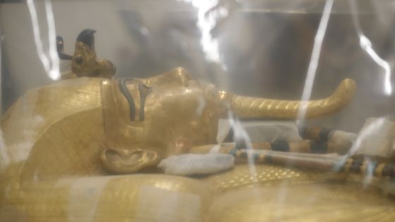 Le cercueil doré du roi Toutankhamon au cours d'un processus de restauration au centre de conservation du Grand musée égyptien du Caire. ©AFP - Khaled DESOUKI