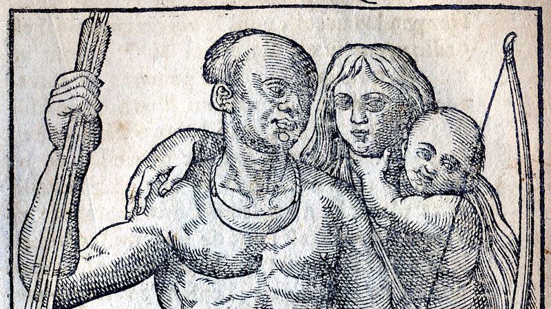 Famille d'Indiens du Brésil, avec un ananas ; gravure incluse dans l’Histoire d'un voyage de Jean de Léry
