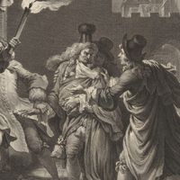 Détail d'une illustration des "Plaideurs" de Jean Racine scène IV. gravure extraite d'un livre publié en 1801 des œuvres de Racine.